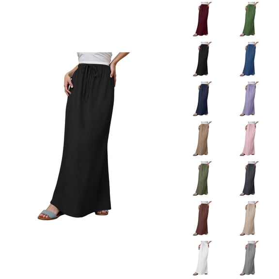 Maxi Linen Skirts for Women Summer Elastic High Waisted Drawstring Boho Flowy Long Skirt