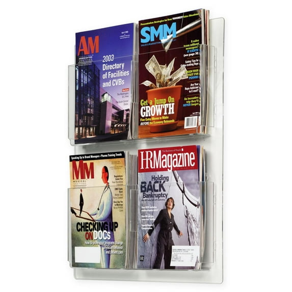 Hanging Magazine Racks 20”w x 23”h x 2”d Clear Acrylic Wall Mounting Brochure Holders – Plexiglas Literature Displays Have Adjustable Dividers for Four or Eight Pockets (RP4CLR)