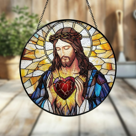 Sacred Heart Of Jesus Stained Glass, Jesus Window Hanging, Glass Suncatcher Of Faith, Christian Gift, Religious Decor For Christian