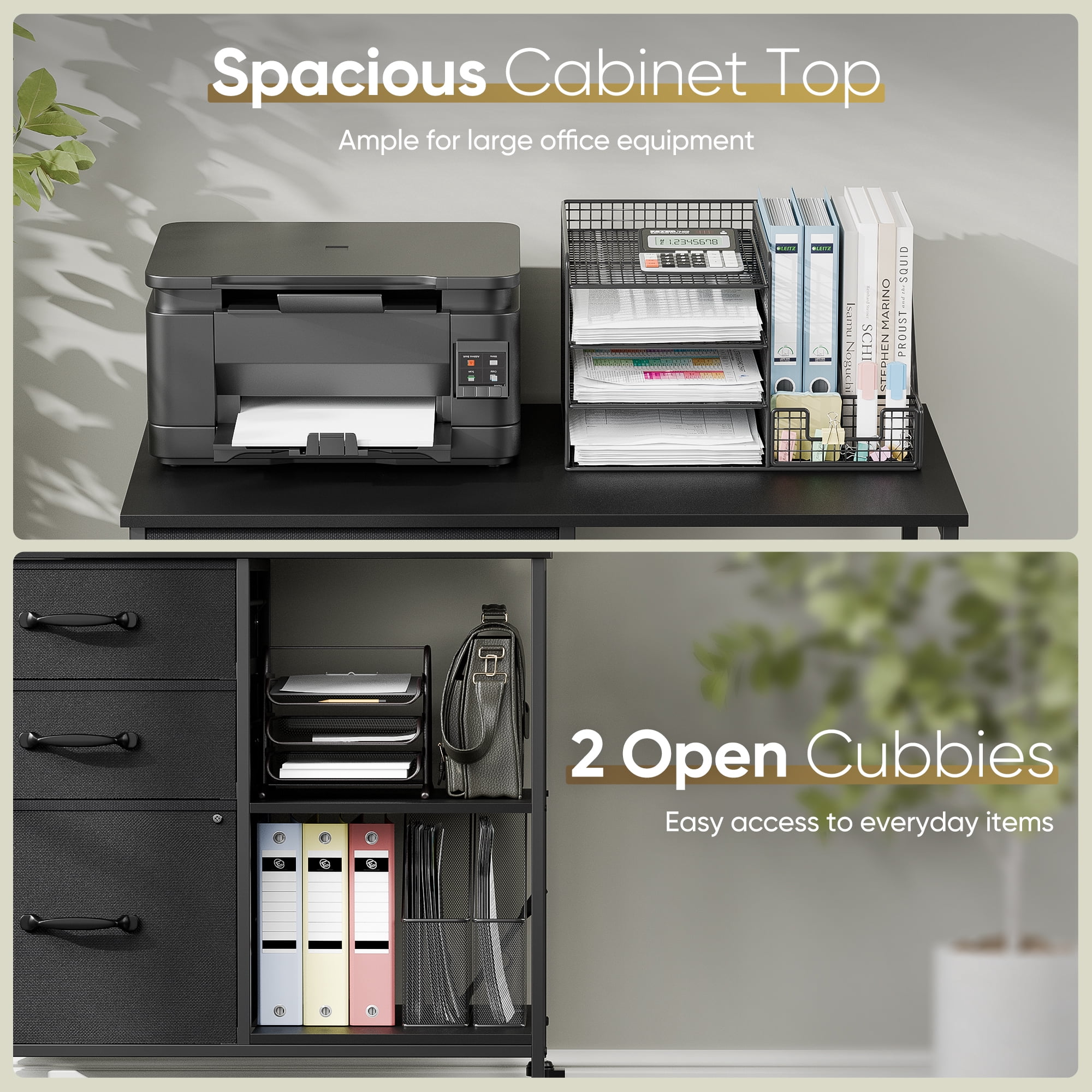 HomGarden Mobile File Cabinet, 3 Drawer Fabric Lateral Filing Cabinet fits A4, Letter Size, Printer W/Open Shelf & Lockable Wheels for Home Office, Gray