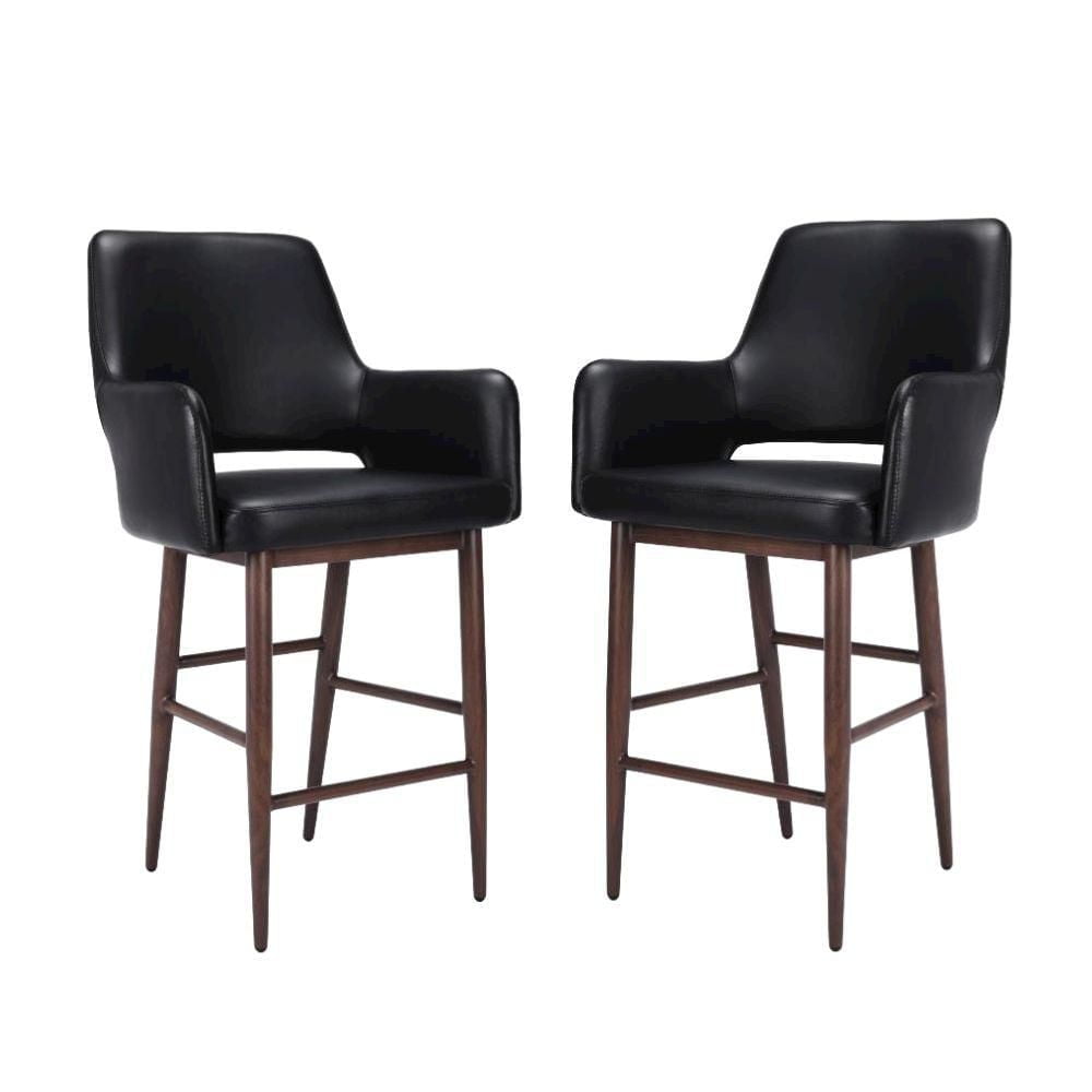 Take Me Home – Mid-Century Black PU Upholstery High-Back Bar Stool with Armrests, Walnut Metal Frame, Footrest – Sturdy & Comfortable Seating for Kitchen, Bar, or Dining – Indoor Use