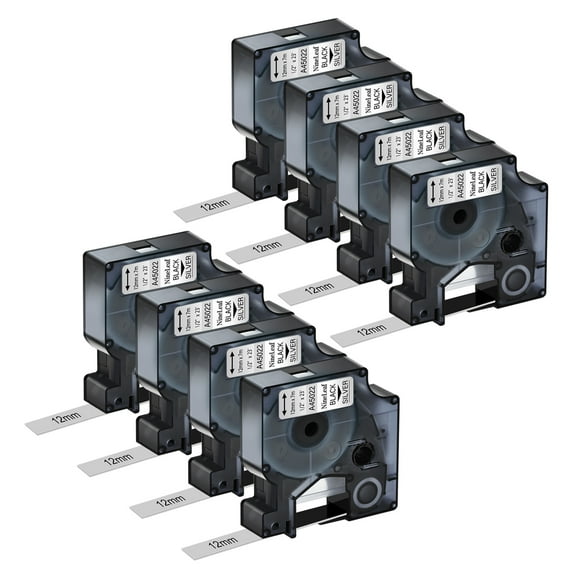 NineLeaf 8PK Compatible for DYMO D1 45022 1/2" x 23' (12mm x 7m) Black on Silver Label Maker Tape for Label Manager 100 120P 160 210D