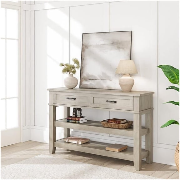 EastVita Entryway Table Console Table with 2 Storage Drawers 3 Tier Farmhouse Wooden Sofa Table Hallway Tables for Entryway Living RoomGrey