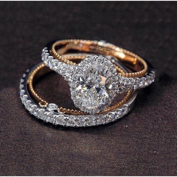 Women Rose Gold Diamond Ring Set Simulation Diamond Ring Proposal Engagement Wedding Ring