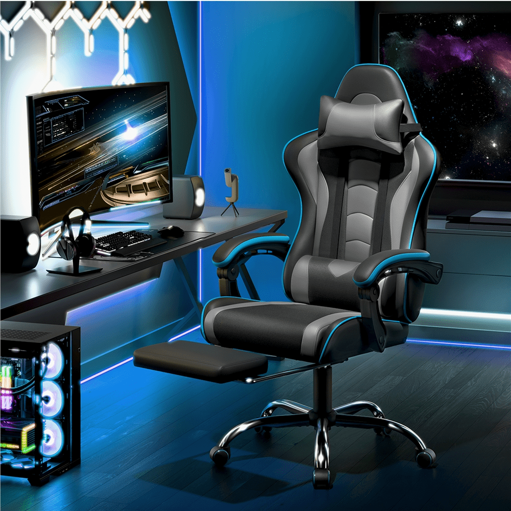 Alden Design Ergonomic High Back Gaming Chair with Massage Lumbar Pillow and Padded Armrests, Black/Gray
