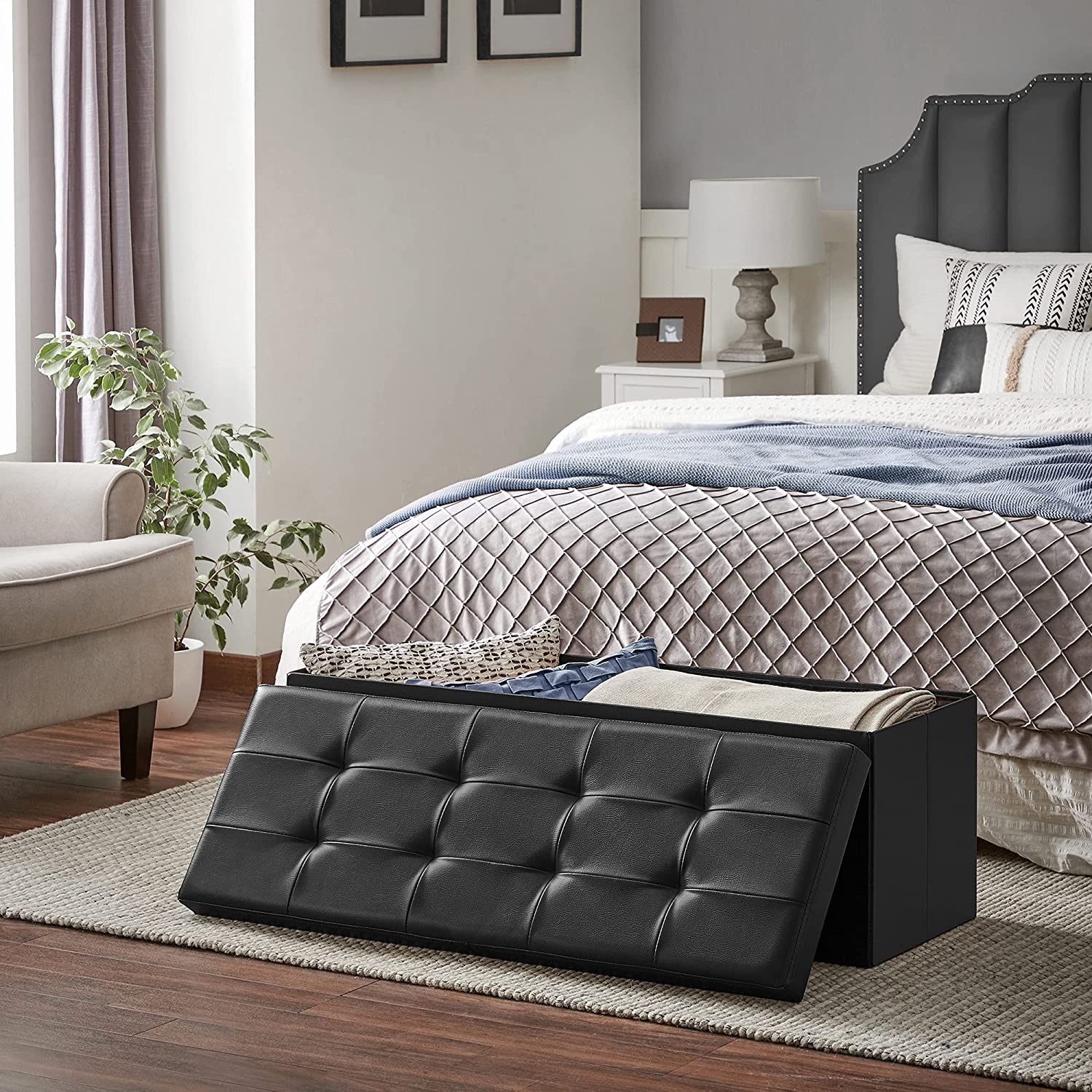 Songmics 43" Folding Storage Ottoman Bench, Black photo 2