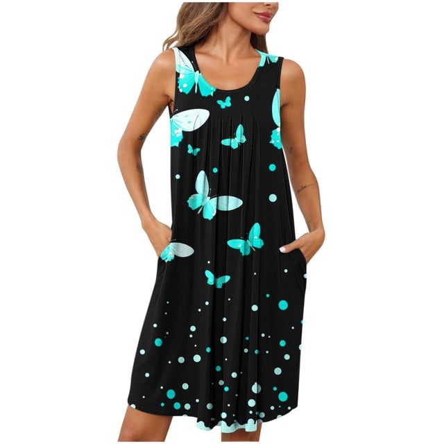 Ovzne Robes pour Femmes Robe de Plage Femmes Imprimé avec Poches Chemises de Nuit Sans Manches Vêtements de Nuit Plissée devant Chemise de Nuit Col Rond Robe Femmes Imprimée Liquidation