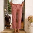 thumbnail image 4 of Karymi Jean Shorts Solid Fake Linen Mid Rise Button Zip Fly Slim Straight Leg Cropped Ankle Length Casual Trouser Pants with Front Slant Pockets Women's Pants, 4 of 5