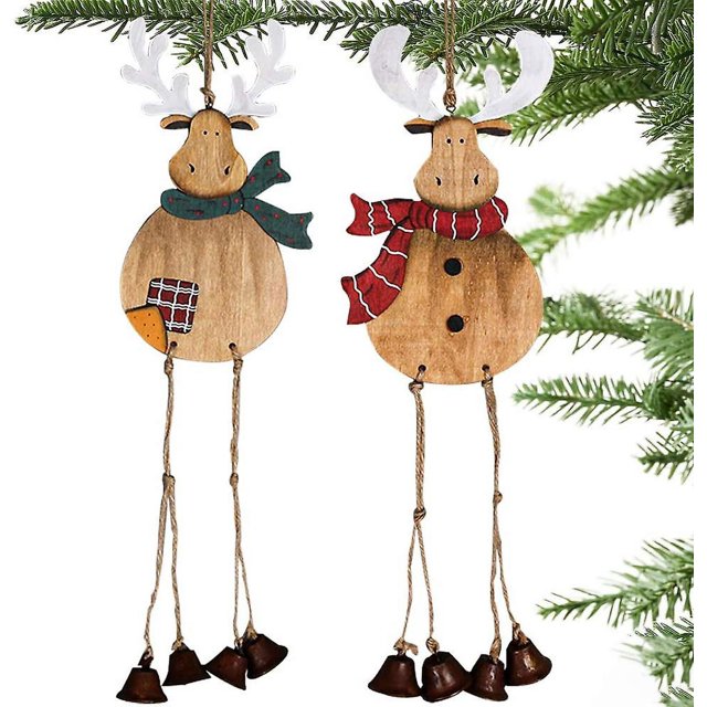 Adornos para árbol de Navidad, paquete de 2, reno de madera grande hecho a mano