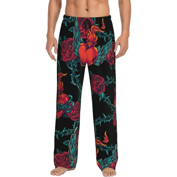 Vintage Style Fiery Hearts Rose Flowers Eagle Wings Men'S Pajama Pants Soft Sleep Lounge Pants Pjs Bottoms With Pockets Small