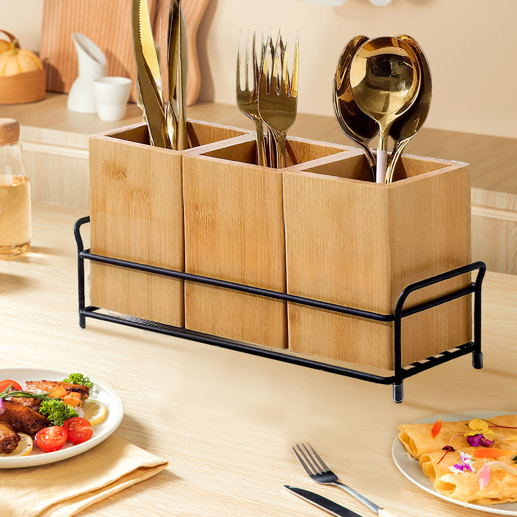 Flatware Caddy Fork Spoon Knife Organizer, Bamboo Utensil Holder, Wood Cutlery Holder Silverware Caddy with 3 Detachable Compartments & Handles for Kitchen Countertop Party