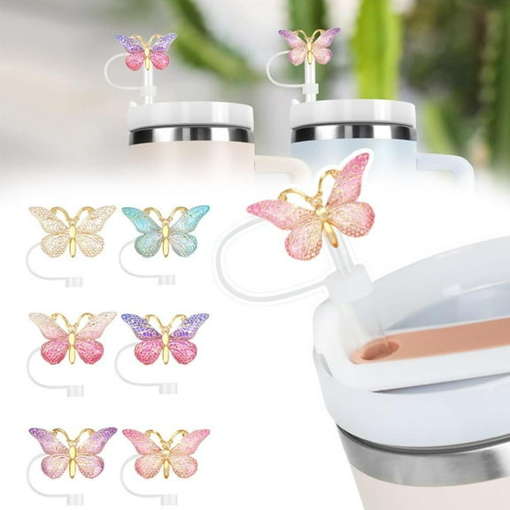 FurNest 6pcs Sparkling Straw Topper Cute Butterfly Cup Fitting Silicone Straw