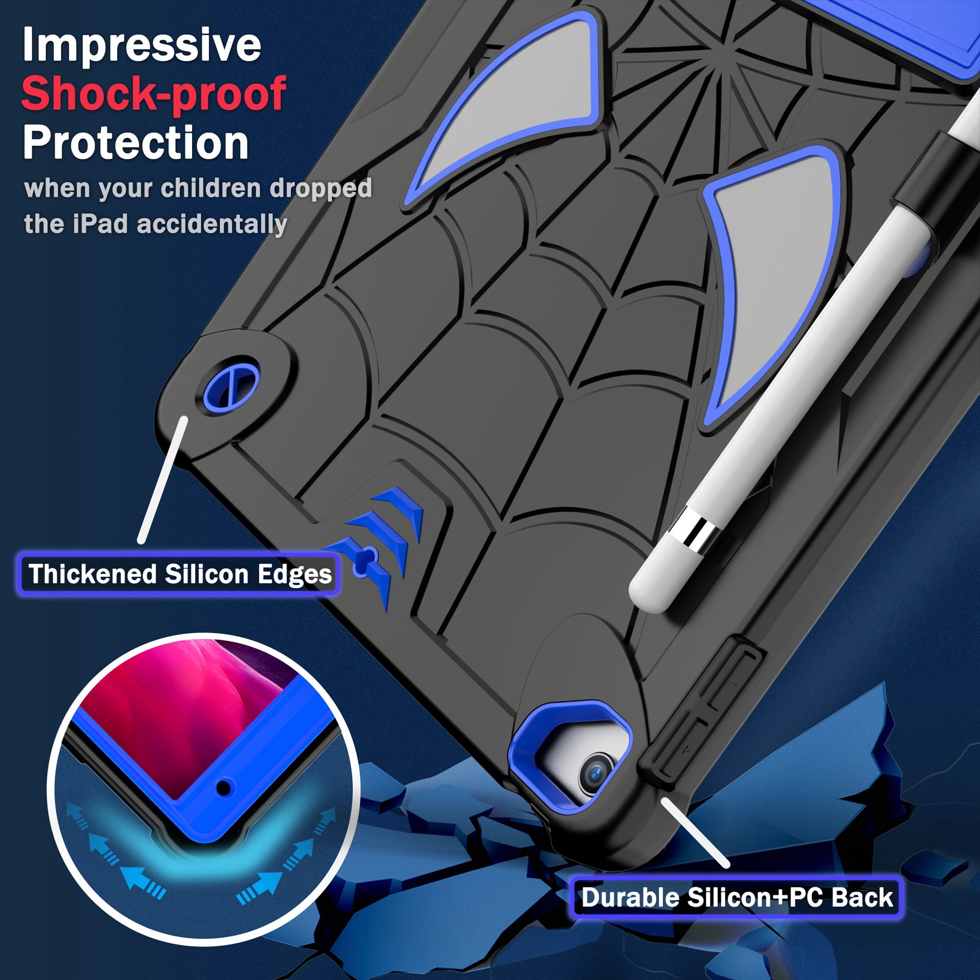 ELEHOLD Kids Case for iPad 9th/8th/7th Gen 10.2" 2021/2020/2019, Heavy Duty Rugged Cover with Foldable Kickstand Crossbody Shoulder Strap Pencil Holder Shockproof Case for iPad 10.2",Black+Blue