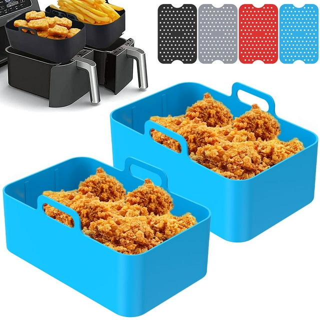 2 Pcs Casserole en Silicone pour Friteuse à Air Chaud avec Poignée, Doublure Réutilisable en Silicone pour Friteuse à Air, Panier Rectangulaire Résistant à la Chaleur pour Friteuse à Air et 4 Tapis en Silicone
