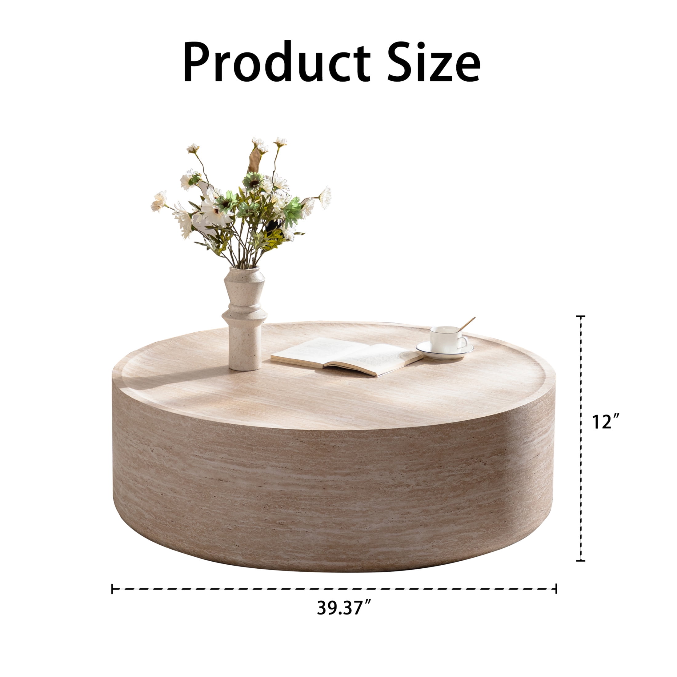 Noble House Xandric 39.37" Round Drum Coffee Table with Mars Pattern, Modern Magnesium Oxide Accent Table, Amber