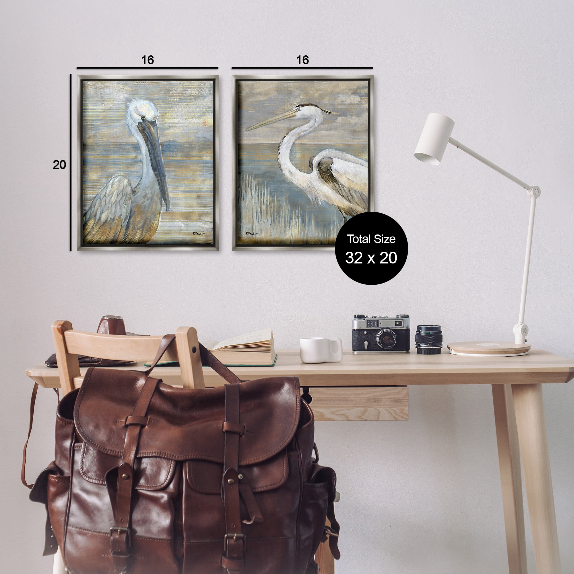 Stupell Industries Sea Birds Abstract Beach Animals & Insects Painting Gray Floater Framed Canvas Art Print Wall Art, 17 x 21, Set of 2