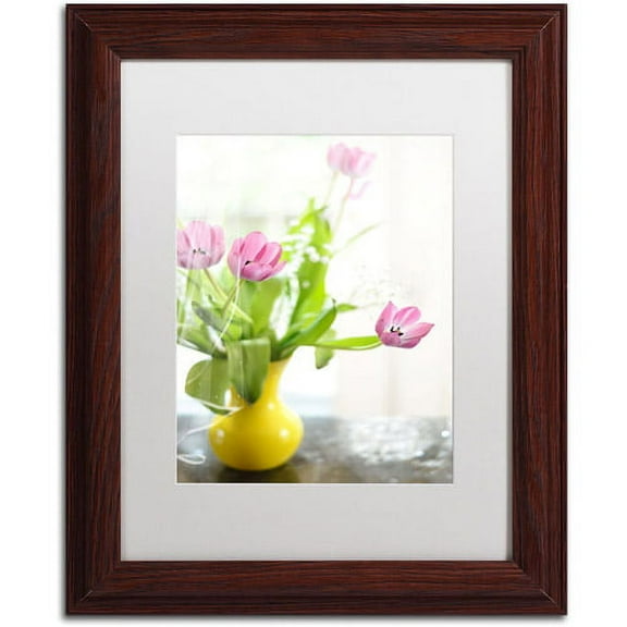 Trademark Fine Art "Pink Tulips in Yellow Vase" Canvas Art by Lois Bryan, White Mat, Wood Frame