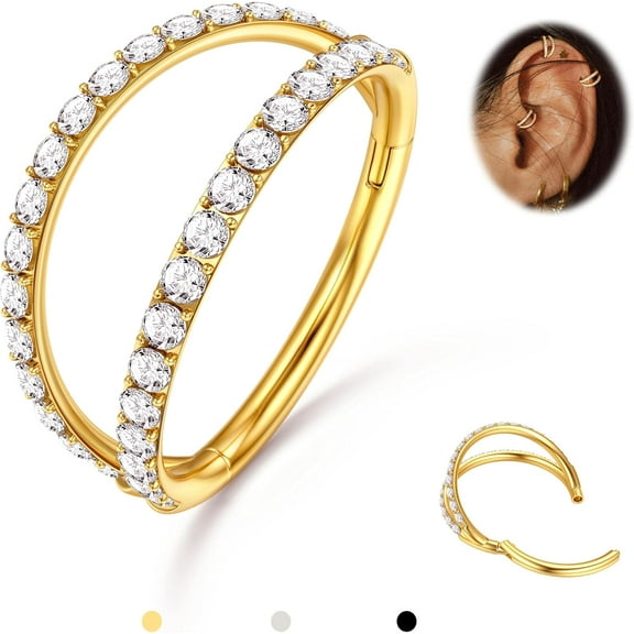 Double Hoop Nose Ring - G23 Titanium Septum Rings 16G CZ Nose Piercings Jewelry Conch Helix Daith Rook Tragus Cartilage Earring Hinged Nostril Piercing Gold/Silver