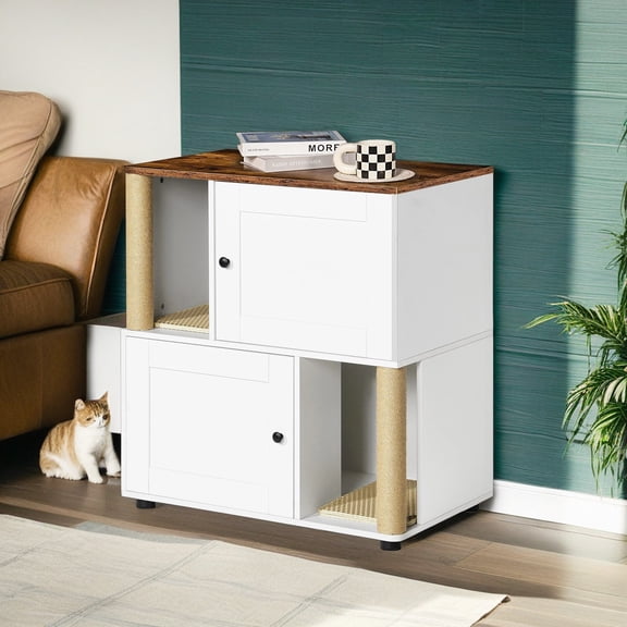Demi Bonn 34" Double Cat Litter Box Enclosure for 2 Cats, Hidden Litter Box Cabinet Furniture with Scratching Posts, Indoor Cat House, for Hallway, Bedroom, White