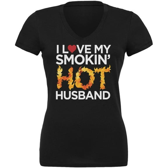 Valentine's Day Smokin Hot Husband Black Juniors V-Neck T-Shirt - X-Large