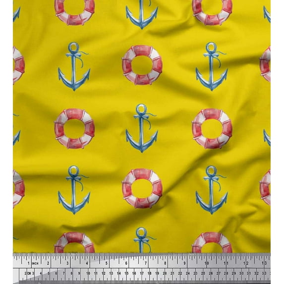 Soimoi Yellow polyester Crepe Fabric Life Ring & Anchor Hook Nautical Decor Fabric Printed Yard 52 Inch Wide