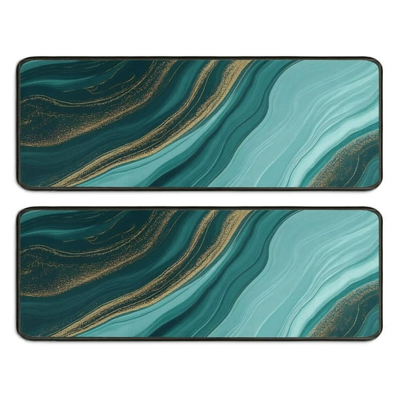 Kitchen Rugs Sets Of 2,Teal Gold Marble Wave Pattern Anti Fatigue Kitchen Mat Rugs Non Slip Washable,Decorative Kitchen Floor Mats for Kitchen,Sink,Laundry,17"x47" 17"x47"