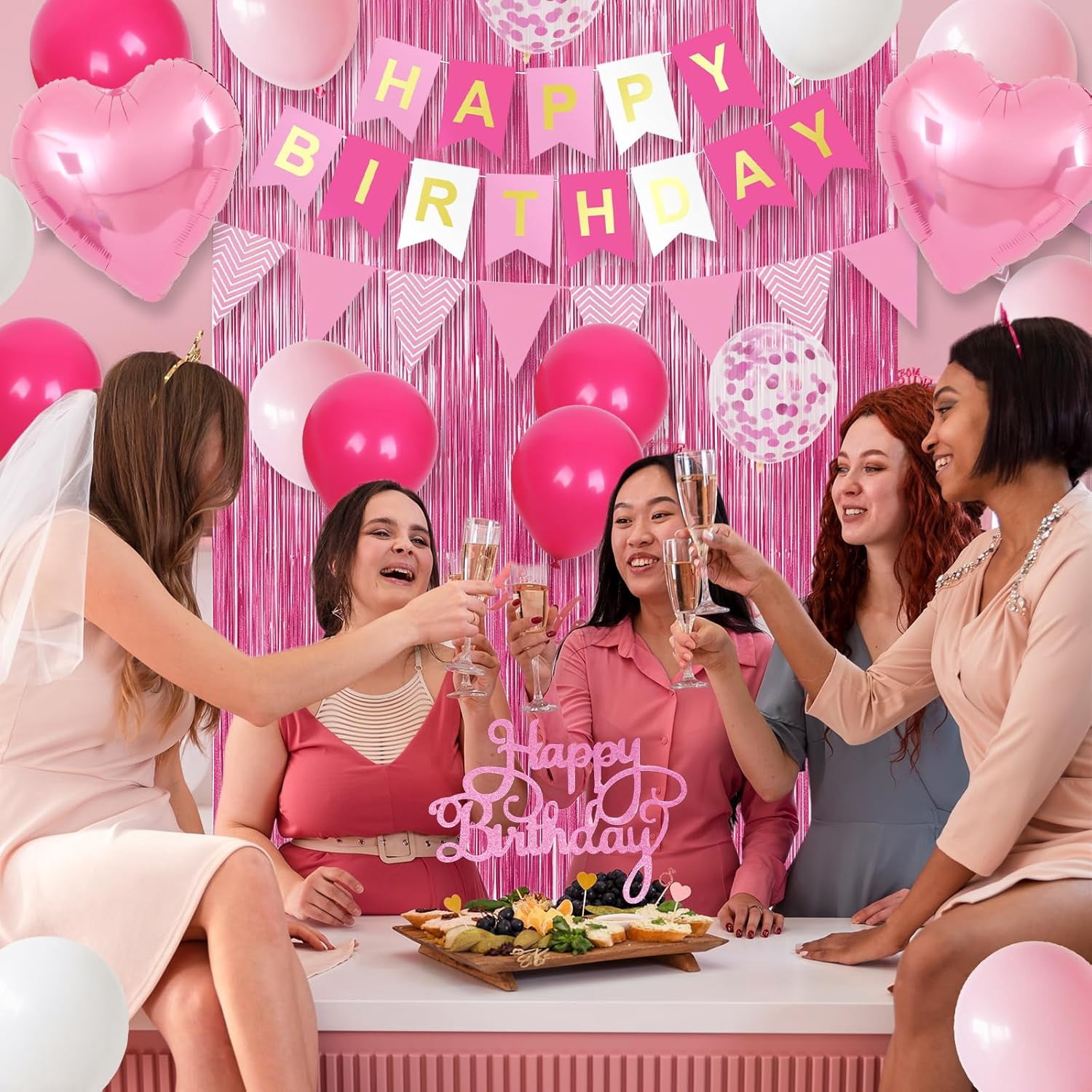 Hot Pink Birthday Decorations for Girls,Happy Birthday Banner Party Decoration Fringe Curtain Heart Foil Balloons for Women Party Decorations