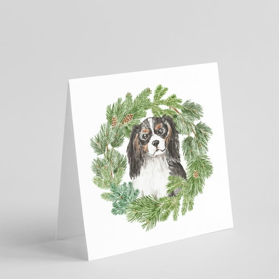 Cavalier King Charles Spaniel Tricolor Head Tilt with Christmas Wreath Square Greeting Cards and Envelopes Pack of 8 5 in x 5 in