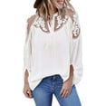 thumbnail image 2 of V Neck Crochet Lace Tops for Women Casual Loose Puff Sleeve Fall Shirts Flowy Chiffon Blouses-White-Small, 2 of 5