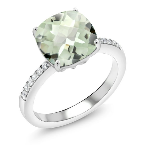 Gem Stone King 3.45 Ct Cushion Checkerboard Green Prasiolite 925 Sterling Silver Ring