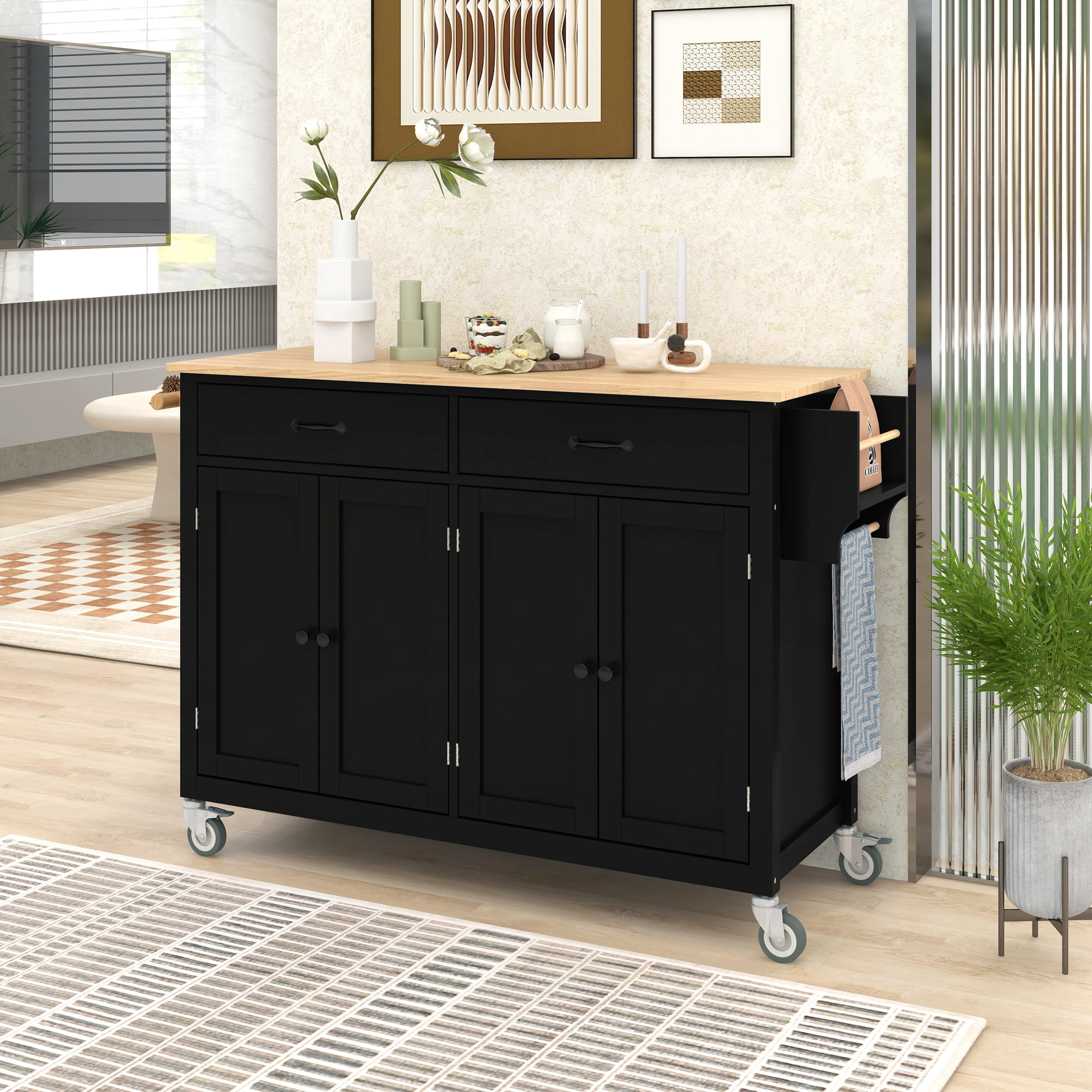 Euroco 54.3" Kitchen islands Cart with Storage on Wheels, Kitchen Cart with Spice Rack, Towel Rack,Adjustable Shelf and 2 Drawers for Dining Room