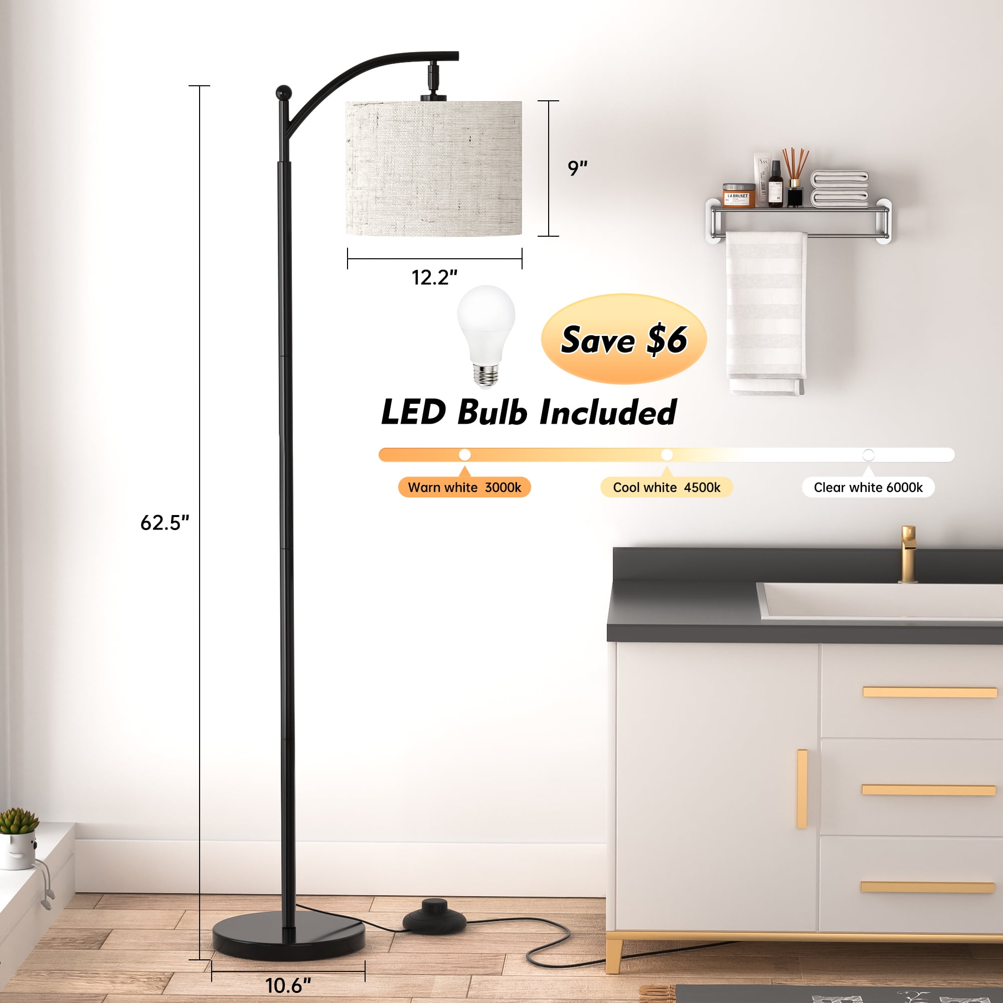 Cshidworld Floor Lamp for Living Room with 3 Color Temperatures, Tall Modern Standing Lamp with Linen Shade, Footswitch, Mid Century Floor Lamp for Bedrooms, Office (9W LED Bulb Included)