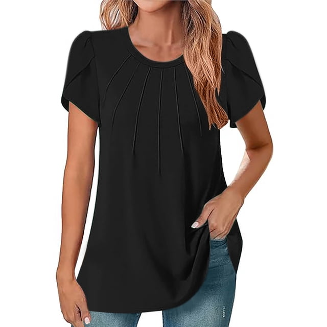 Plebaso Hauts d'Été pour Femmes Col Rond Manches Courtes Tee-Shirts Plissés Tunique Décontractée Blouses Amples Habillées