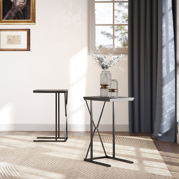 Manxile Juego de 2 mesitas auxiliares metálicas en forma de C para sofá, sillón, dormitorio, sala de estar, color negro