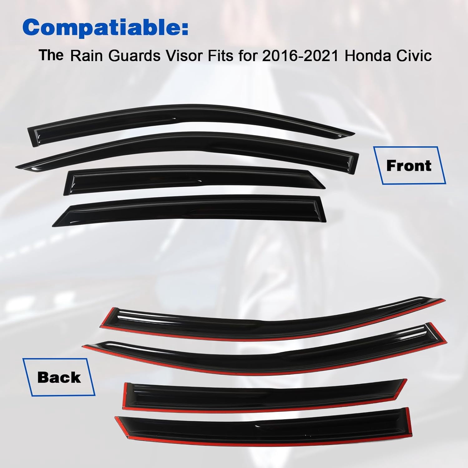 PANGOLIN 4Pcs Car Window Visors Fits for 2016-2021 Honda Civic 4-Door Sun Wind Deflector Rain Vent Window Visors Deflectors