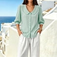 thumbnail image 6 of Women's Striped Shirt with Pan Collar, 3/4 Puff Sleeve Button Down Casual Blouse, 6 of 8