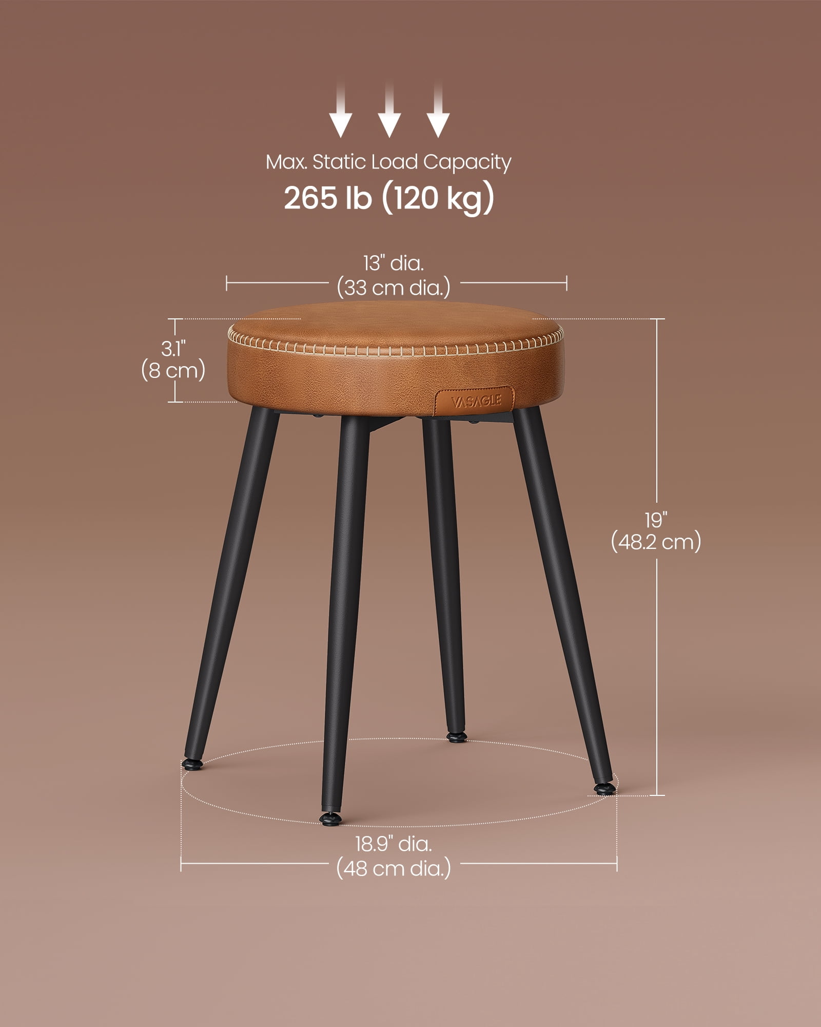 VASAGLE EKHO Collection - Dining Chairs Stools Set of 2, Upholstered Kitchen Stools, Vanity Stools, Synthetic Leather with Stitching, Caramel Brown