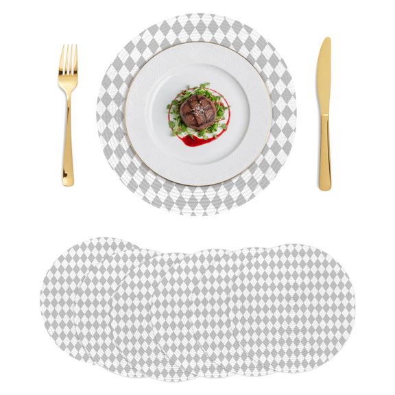 Round Placemats Grey Diamond Plaid 15 inch Set of 6 Table Mats for Dining Table White Geometric Check Heat Resistant Non-Slip Kitchen & Home Decorative Place Mat Set