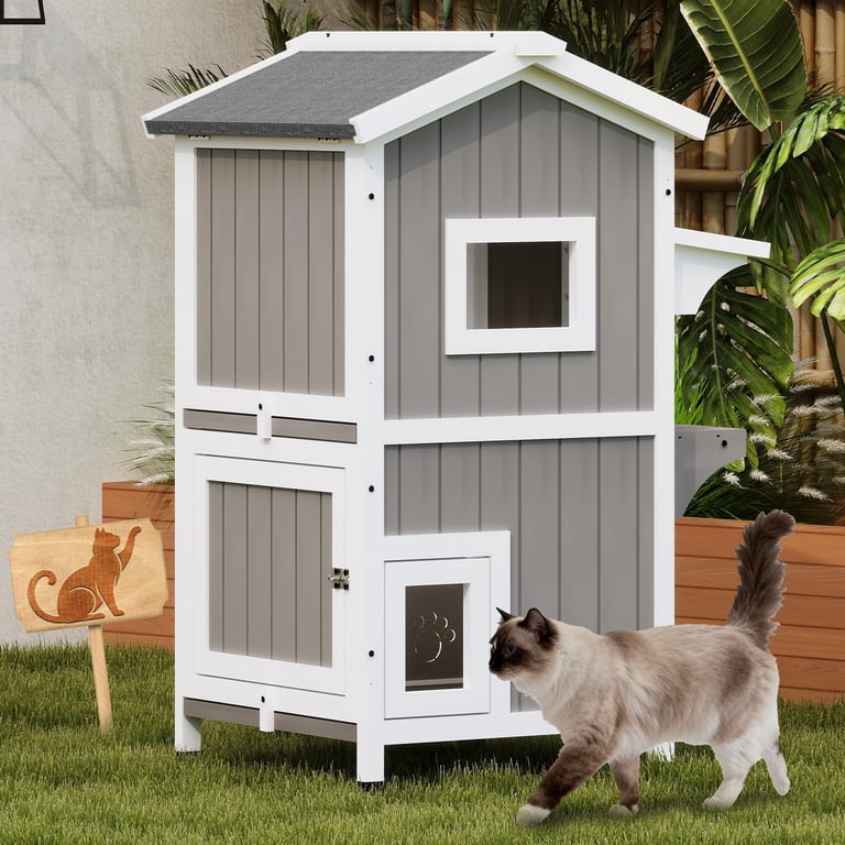 PETSCOSSET Outdoor Cat House, Two-Story Wooden Feral Shelter