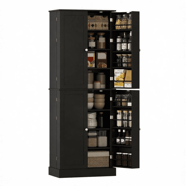 65" Kitchen Pantry Cabinet, 4-Door with 16 Shelves, Black