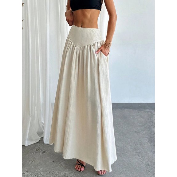 Women's High Waist Ruched Waist A Line Maxi Skirt with Pockets, Flared Long Skirt, Versatile Casual Skirt for Daily and Vacation Outfits