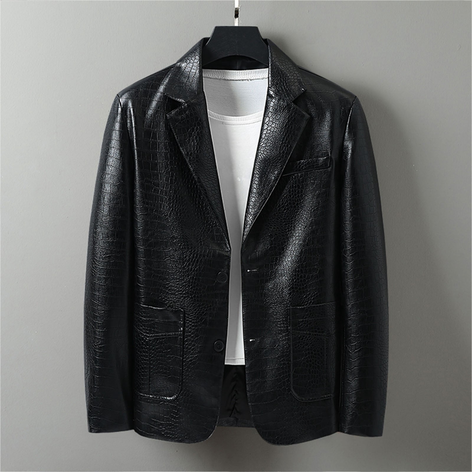 BVnarty Men's Crocodile Pattern Blazer Business Suit Jacket Slim Fit Faux Leather Long Sleeve Button Up Coat (Black,M)