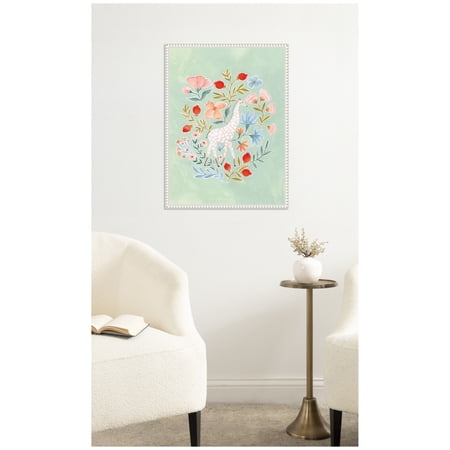 Kate and Laurel Framed Canvas Wall Art Print JL Giraffe and Florals by Jill Labieniec 18 x 24 Sylvie Beaded White Frame Whimsical Kid Art for Wall Decor