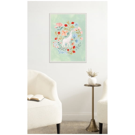 Kate and Laurel Framed Canvas Wall Art Print JL Giraffe and Florals by Jill Labieniec, 18 x 24 Sylvie Beaded White Frame, Whimsical, Kid Art for Wall Decor