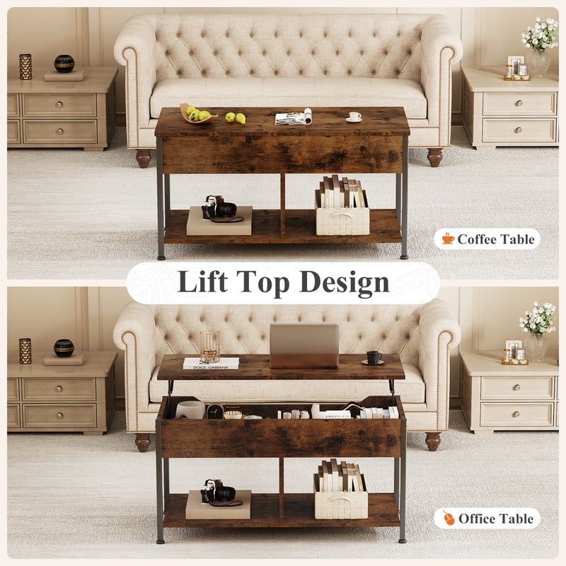 Gianna Lift Top Coffee Table with Storage 39" Center Table with Hidden Compartment & 2 Shelves Farmhouse, Wood Coffee Table for Living Room with Sturdy Lift-Top Adjustable Feet，Brown