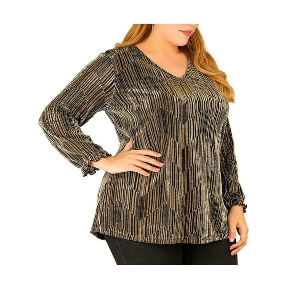Agnes Orinda Womens Plus Size Top Metallic Party Glitter Long Sleeve Shiny Disco Sparkle Tops 2X Gold