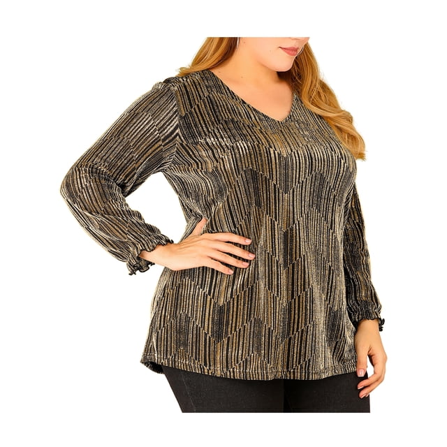 Blusa de fiesta metálica brillante de manga larga con brillo disco para mujer de tallas grandes Agnes Orinda 4X dorada