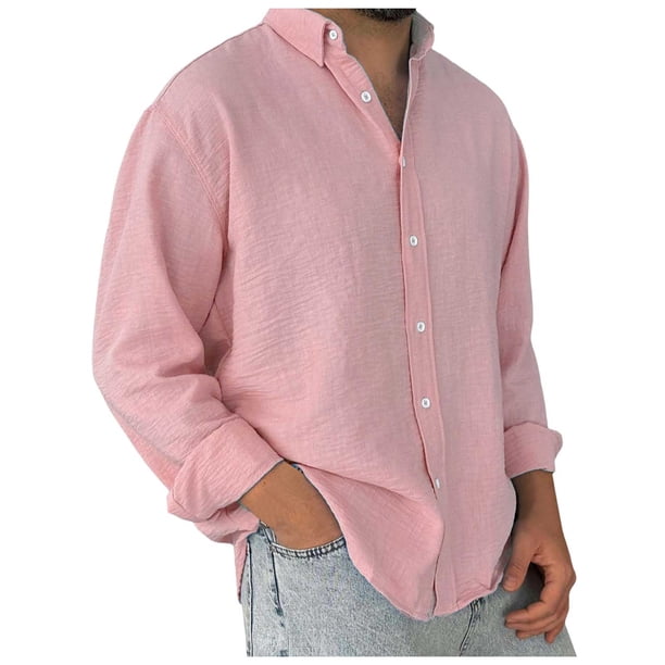 Camisa lavada de manga larga con botones para hombre: color liso, poliéster, cómoda y holgada para todas las ocasiones