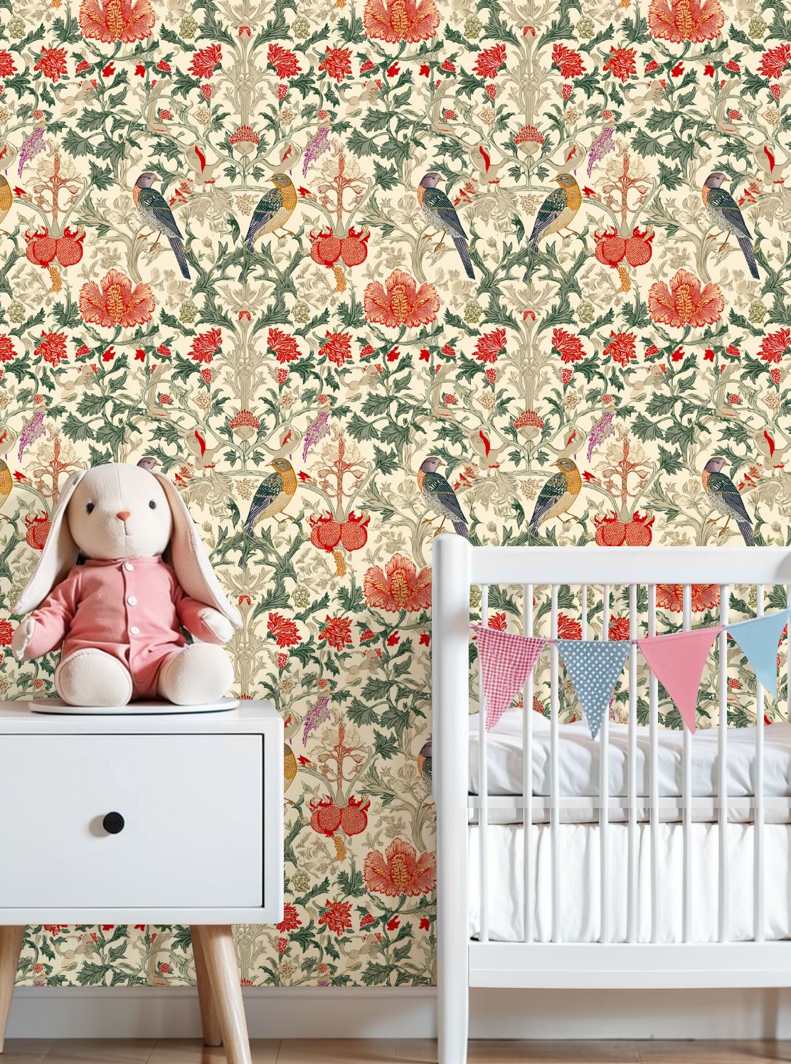 Farmhouse Peel and Stick Wallpaper Vintage Botanical Birds Red Flowers Arts Crafts Wall Mural 23.6in x 9.8ft Self Adhesive Removable Wall Paper Renter Friendly Wallpaper for Bedroom Cabinets