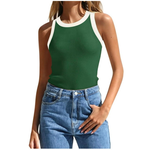 Boovnll Womens Tank Tops, Womens Summer Sleeveless Tank Ribbed High Neck Racerback Fitted Color Block Casual Shirts, Tank Top for Women, Tank Tops, Tank Tops for Women